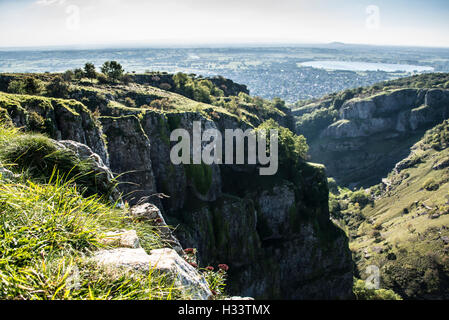 View of Cheddar reservoir and Cheddar village from the top of Cheddar gorge Stock Photo