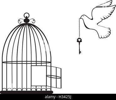 vector illustration of a bird cage open with dove and key Stock Vector