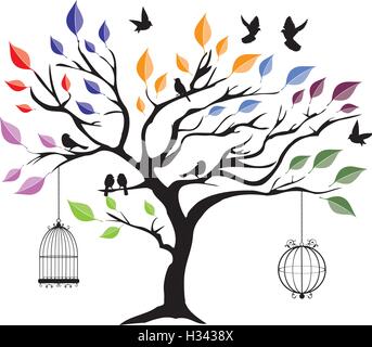 vector illustration of a tree with birds and cages Stock Vector