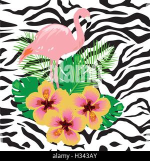 vector illustration of tropical flamingo with flowers on seamless zebra background Stock Vector