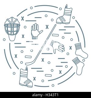Vector illustration of various subjects for hockey and snowboarding arranged in a circle. Including icons of helmet, gloves, sti Stock Vector