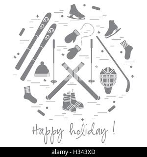 Vector illustration of different elements of sports equipment and clothing for winter sports arranged in a circl. For postcard, Stock Vector