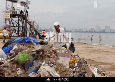 Dabbawalas clean the Chowpatty beach in Mumbai, India on September 16, 2016, and remove the leftover Stock Photo