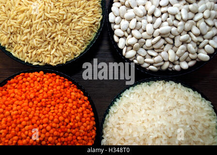 cereals and pulses. Rice, Lentils, haricot bean and barley noodles Stock Photo