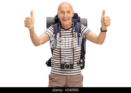 Happy Hiking Woman Giving Thumbs Up Smiling. Young Hiker Woman