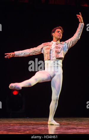 London, UK. 3 October 2016. Carlos Acosta performs the classical Pas de Deux from Don Quixote with Marianela Nunez. Carlos Acosta bids farewell to classical ballet with his final performances at the Royal Albert Hall for a limited run from 3 to 7 October 2016. The Classical Farewell celebrates highlights from Acosta's career which led him to become the most famous male dancer of his generation, and marks the final time for audiences to watch the ballet superstar dance classical works. Stock Photo