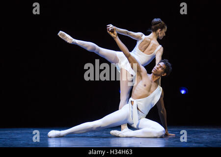 London, UK. 3 October 2016. Carlos Acosta performs the classical Pas de Deux from Stravinsky's Apollo with Marianela Nunez. Choreography by George Balanchine. Carlos Acosta bids farewell to classical ballet with his final performances at the Royal Albert Hall for a limited run from 3 to 7 October 2016. The Classical Farewell celebrates highlights from Acosta's career which led him to become the most famous male dancer of his generation, and marks the final time for audiences to watch the ballet superstar dance classical works. Stock Photo