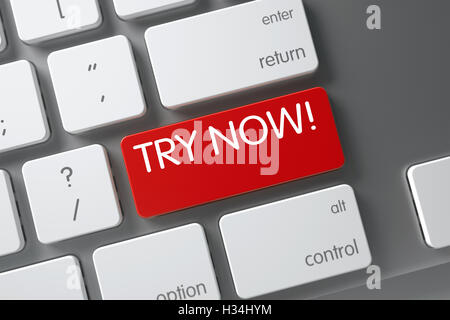 Red Try Now Keypad on Keyboard. 3D. Stock Photo