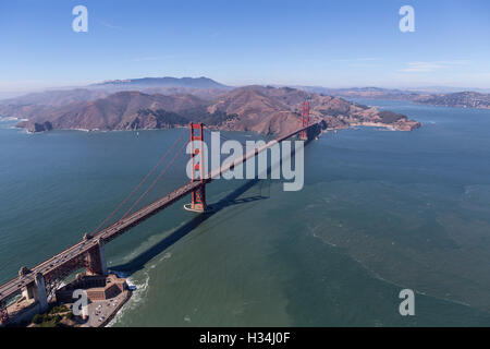 Aerial of the Golden Gate Bridge, Fort Point and Marin Headlands near San Francisco, California. Stock Photo