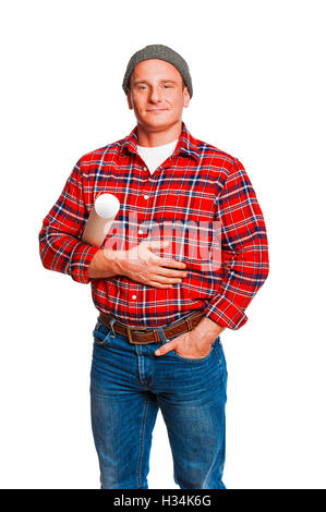 The builder in a cap with a plans Stock Photo