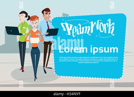 Business People Team Using Electronic Computer Digital Device Teamwork Banner Stock Vector