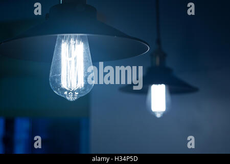Squirrel cage Lightbulb against dark background Stock Photo