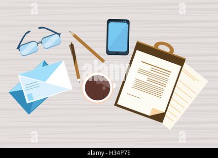Workplace Desk Documents Papers Office Stuff Top Angle View Stock Vector