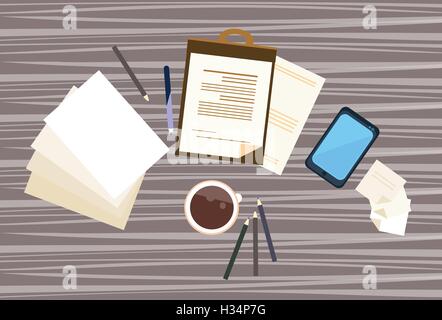Workplace Desk Documents Papers Office Stuff Top Angle View Stock Vector