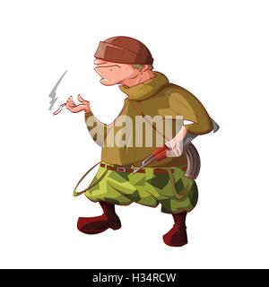 Colorful vector illustration of a cartoon rebel / separatist guerilla fighter. Wearing a hat, sweater, cammo pants, boots. Smoki Stock Vector