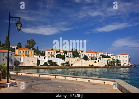 Beautiful houses in Spetses town (Agios Nikolaos neighborhood), Spetses island, Attica, Greece. Stock Photo