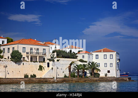 Beautiful houses in Spetses town (Agios Nikolaos neighborhood), Spetses island, Attica, Greece. Stock Photo