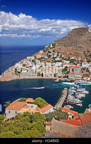 Panoramic view of the port of Hydra town, Hydra island, Attica, Greece. Stock Photo