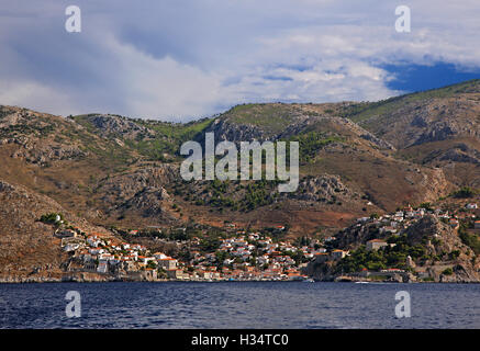 View  of Hydra town from the sea, Hydra island, Attica, Greece. Stock Photo