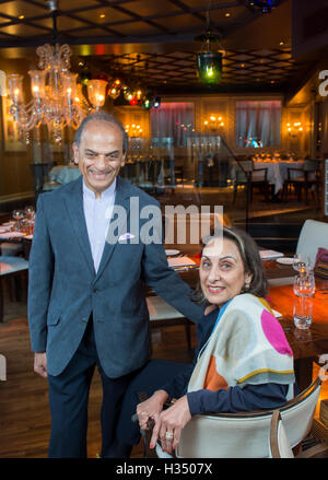 .London. Veeraswamy UK's oldest Indian Restaurant in Piccadilly. In 1926, when Britain’s first Indian restaurant began serving cold beer alongside its curries, it kick-started a British trend that endures today. Now, 90 years on, Veeraswamy has another claim to fame: its first Michelin star. The restaurant, which opened on Regent Street in London in 1926, was awarded the ultimate recognition of gastronomic excellence in Michelin’s 2017 guide, published yesterday. Pic Shows  owners Ranjit Mathrani and Namita Panjabi with owners Ranjit Mathrani and Namita Panjabi Stock Photo