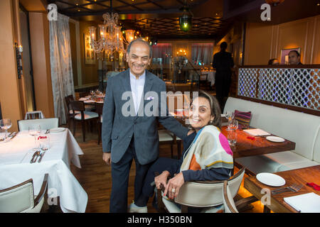 .London. Veeraswamy UK's oldest Indian Restaurant in Piccadilly. In 1926, when Britain’s first Indian restaurant began serving cold beer alongside its curries, it kick-started a British trend that endures today. Now, 90 years on, Veeraswamy has another claim to fame: its first Michelin star. The restaurant, which opened on Regent Street in London in 1926, was awarded the ultimate recognition of gastronomic excellence in Michelin’s 2017 guide, published yesterday. Pic Shows  owners Ranjit Mathrani and Namita Panjabi Stock Photo