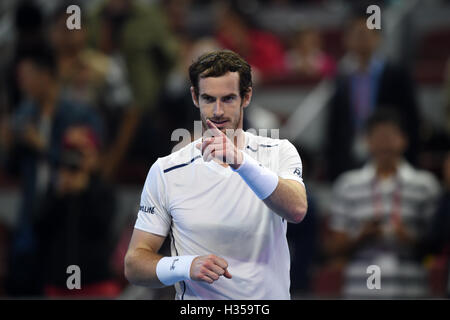 Beijing, China. 5th Oct, 2016. Andy Murray of Britain gestures after winning the men's singles second round match against Andrey Kuznetsov of Russia at the China Open tennis tournament in Beijing, capital of China, Oct. 5, 2016. Murray won 2-0. Credit:  Ju Huanzong/Xinhua/Alamy Live News Stock Photo