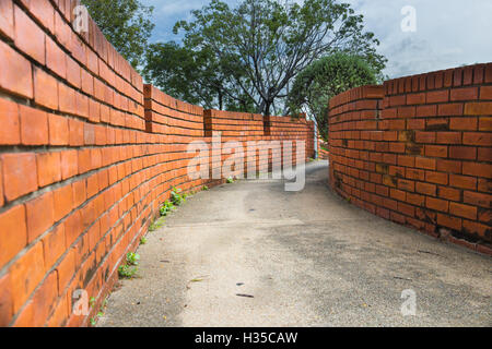 wall two side of narrow walkway between two buildings Two brick wall. Stock Photo