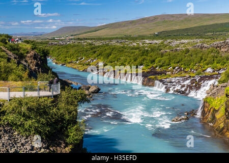 Hraunfossar, a series of waterfalls pouring into the Hvita River, Borgarfjordur, western Iceland, Polar Regions Stock Photo