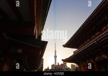 Tokyo Skytree, the world's tallest free-standing broadcast tower at 634 meters, is seen at dawn from Sensoji Temple in the Stock Photo