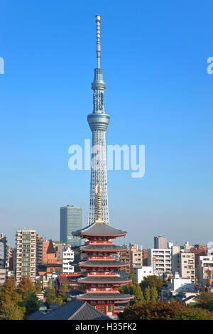 A telephoto view shows the Goju-no-to five-storied Pagoda at Senso-ji Temple in Asakusa and Tokyo Skytree (the world's tallest Stock Photo