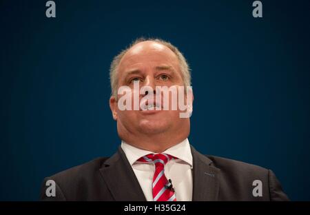 Leader of the Welsh Conservatives Andrew RT Davies speaks on the third day of the Conservative party conference at the ICC in Birmingham. Stock Photo