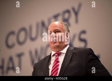 Leader of the Welsh Conservatives Andrew RT Davies speaks on the third day of the Conservative party conference at the ICC in Birmingham. Stock Photo