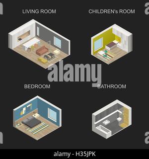 Set of vector isometric rooms. Stock Vector