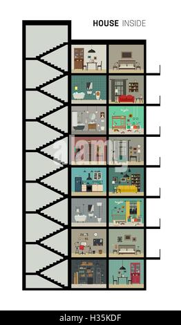 Vector Secton Home House cross section vector illustration of home interior and furniture ...