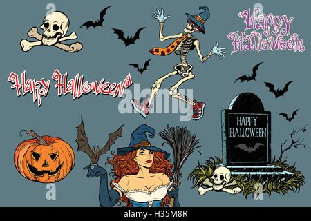 Happy Halloween a collection of characters. Stickers skeleton, g Stock Vector