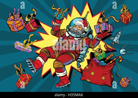 Space Santa Claus in zero gravity with Christmas gifts Stock Vector