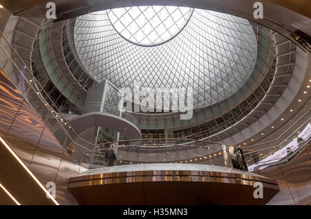 Circulation spaces and the cable-net-supported conical dome of Fulton Center, a transit hub in lower Manhattan designed by Stock Photo