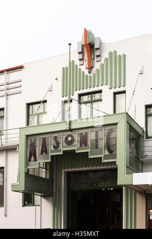 Art Deco architecture in Napier, New Zealand. Entrance of the Masonic Hotel. Stock Photo