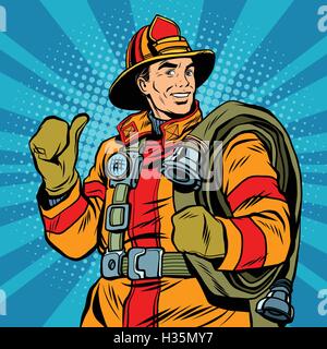 Rescue firefighter in safe helmet and uniform pop art Stock Vector