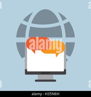 earth globe diagram with computer and chat bubbles icon Stock Vector