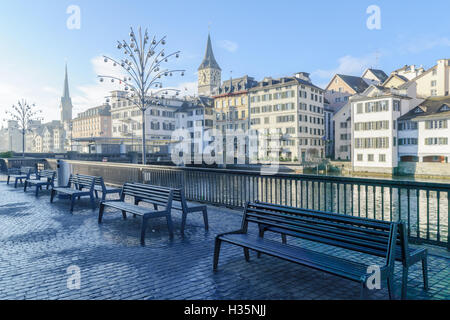 View of the Limmat River, with the St. Peter and Fraumunster Churches, In Zurich, Switzerland Stock Photo