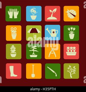 Set icons of gardening and spring related items. Stock Vector