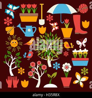 Set icons of gardening and spring related items Stock Vector