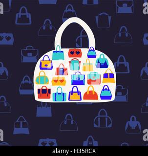 Women bags and  handbags. Fashion Pattern on dark blue backgrou Stock Vector