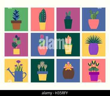 collection of tropical plants in pot flat style. Stock Vector