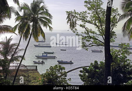 Tranquil morning scene of fishing, tourist and speed boats anchored at Dona Paula bay in Goa, India. Stock Photo