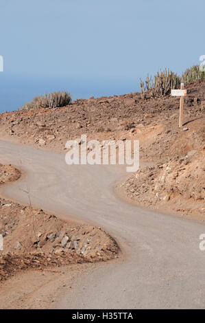 Fuerteventura, Canary Islands, North Africa: dirt road and wooden sign to Cofete, a 30 km beach backed by the most impressive mountains of the island Stock Photo