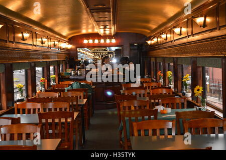 The restored dining car on the Western Maryland Scenic Railroad in Cumberland, Allegany County, Maryland, US. Stock Photo