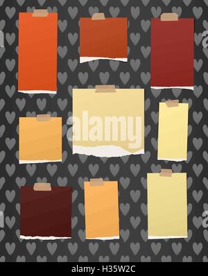 Ripped colorful notebook, note paper stuck with brown sticky tape on pattern created of heart shapes Stock Vector