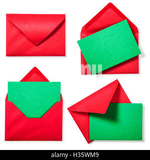 Red envelope with green greeting card collection on white background. Copy space. Top view, flat lay. Christmas themes Stock Photo